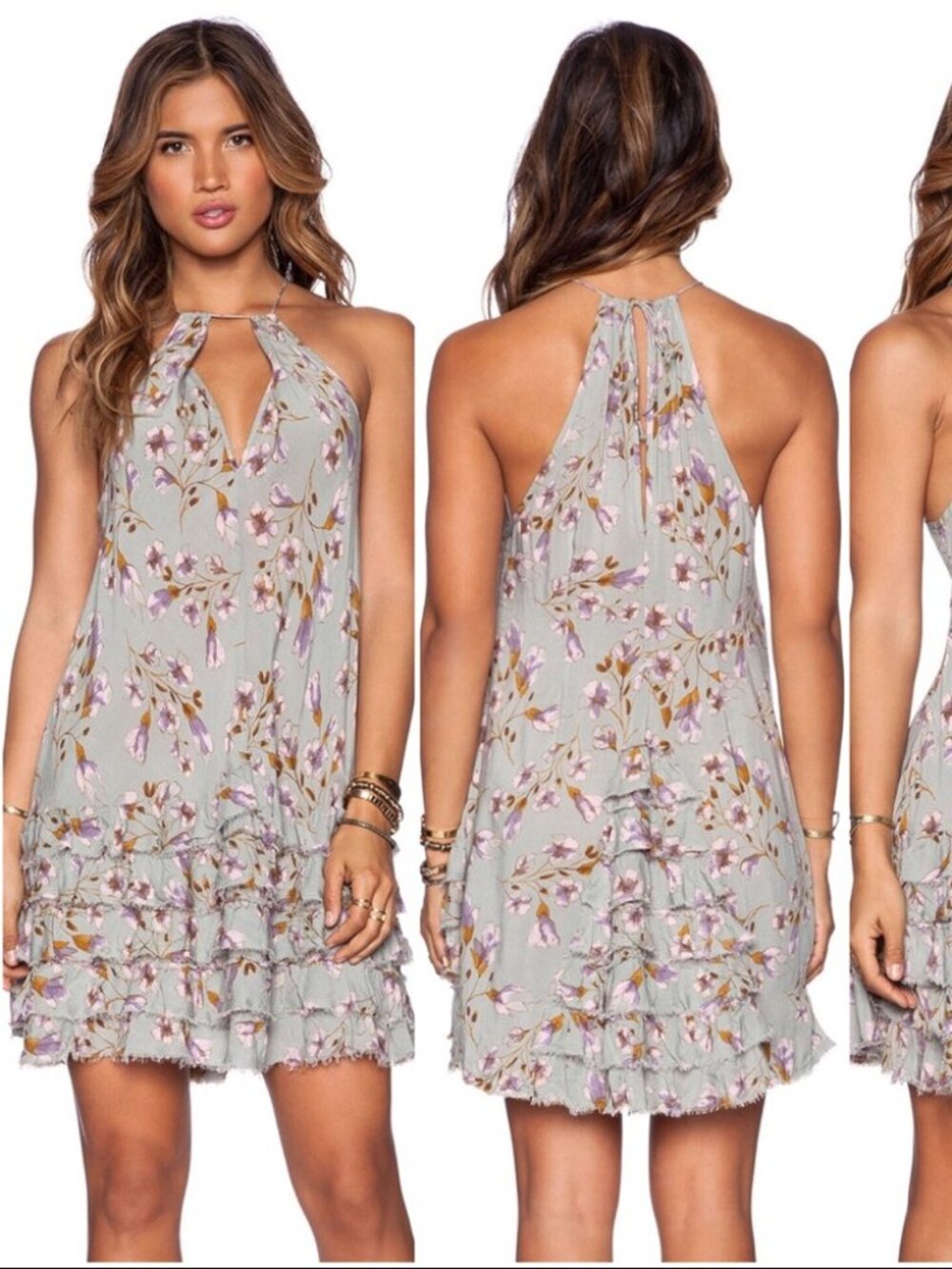 Free People Teal Gray Floral Print Ruffle Mini Slip Dress
